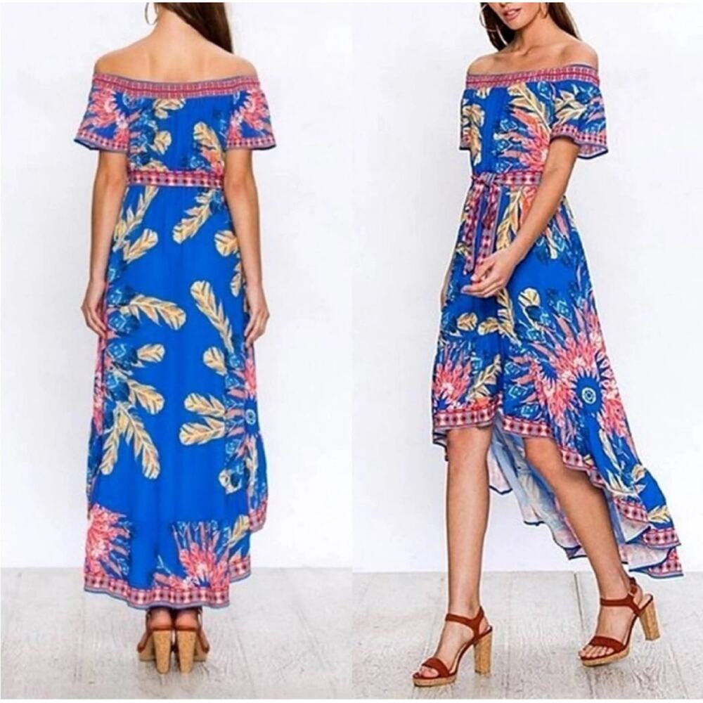 NWOT Flying Tomato Blue Off-Shoulder High-Low Floral Dress